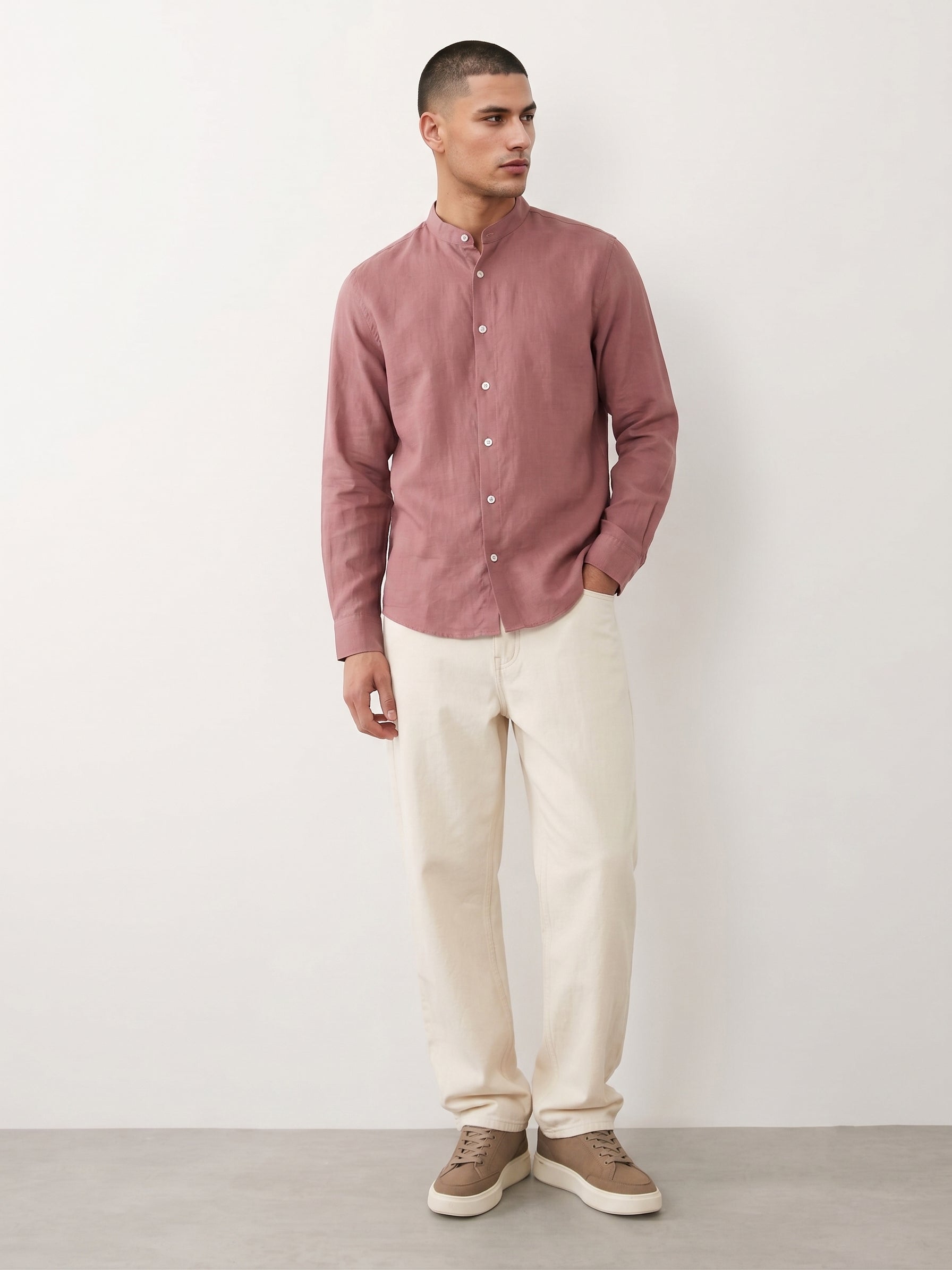 Rust Red Chinese Collar Linen Shirt