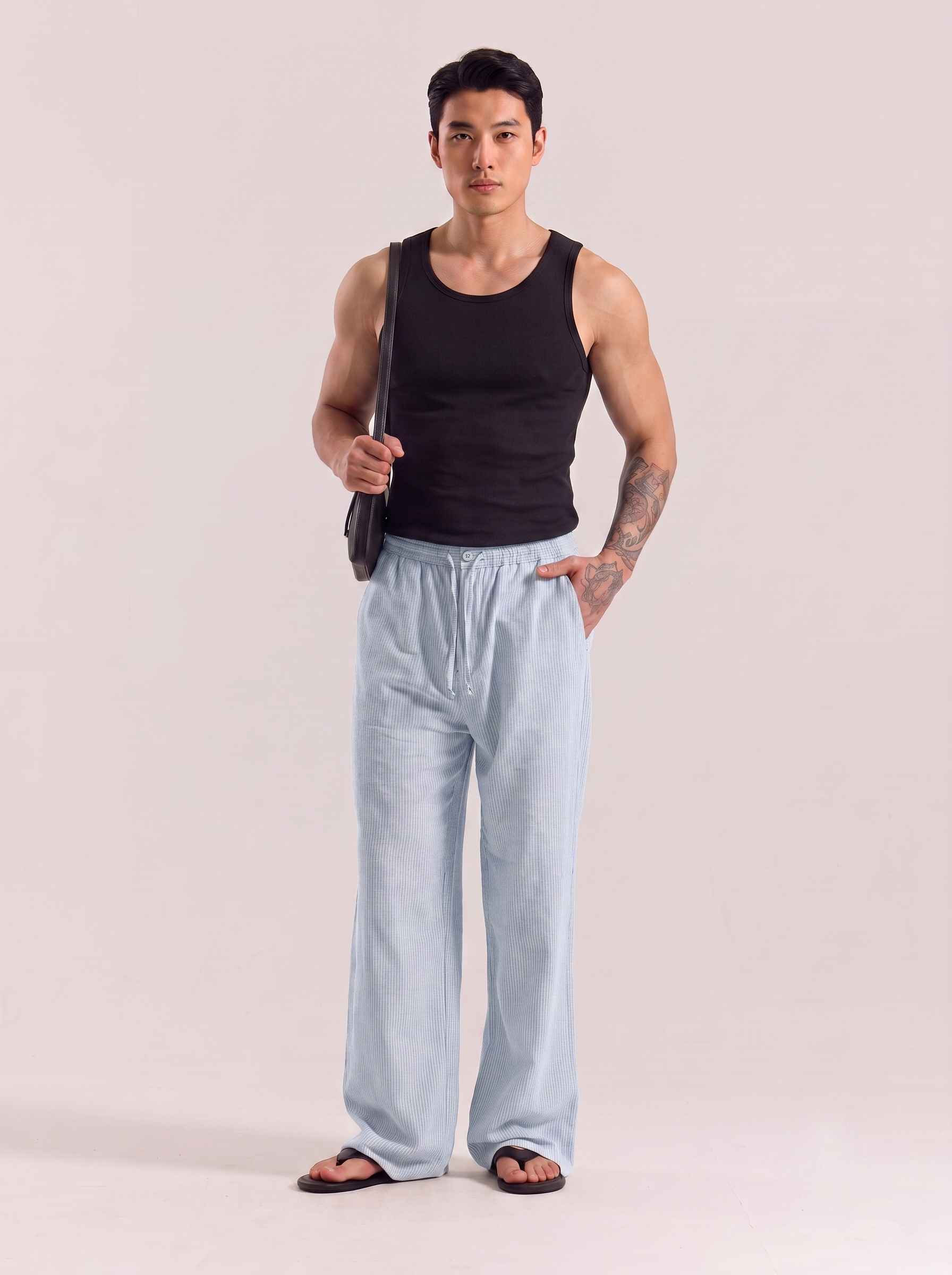 Ice Blue Striped Cotton Linen Pant
