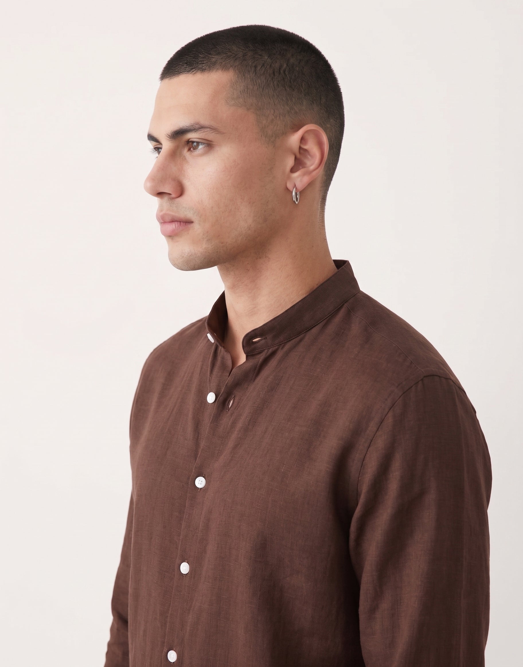 Mocha Chinese Collar Linen Shirt
