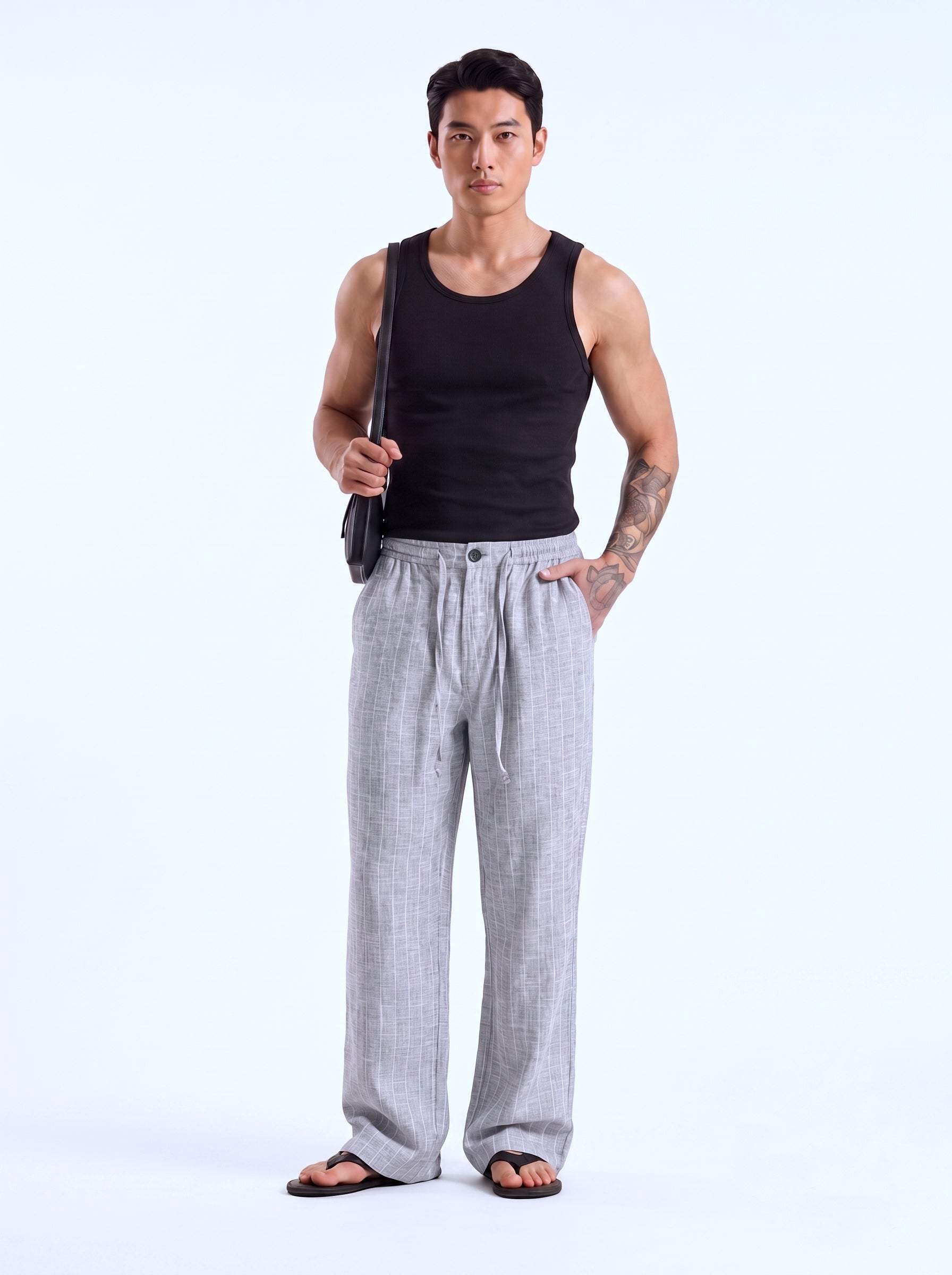 Light Grey Striped Cotton Linen Pant