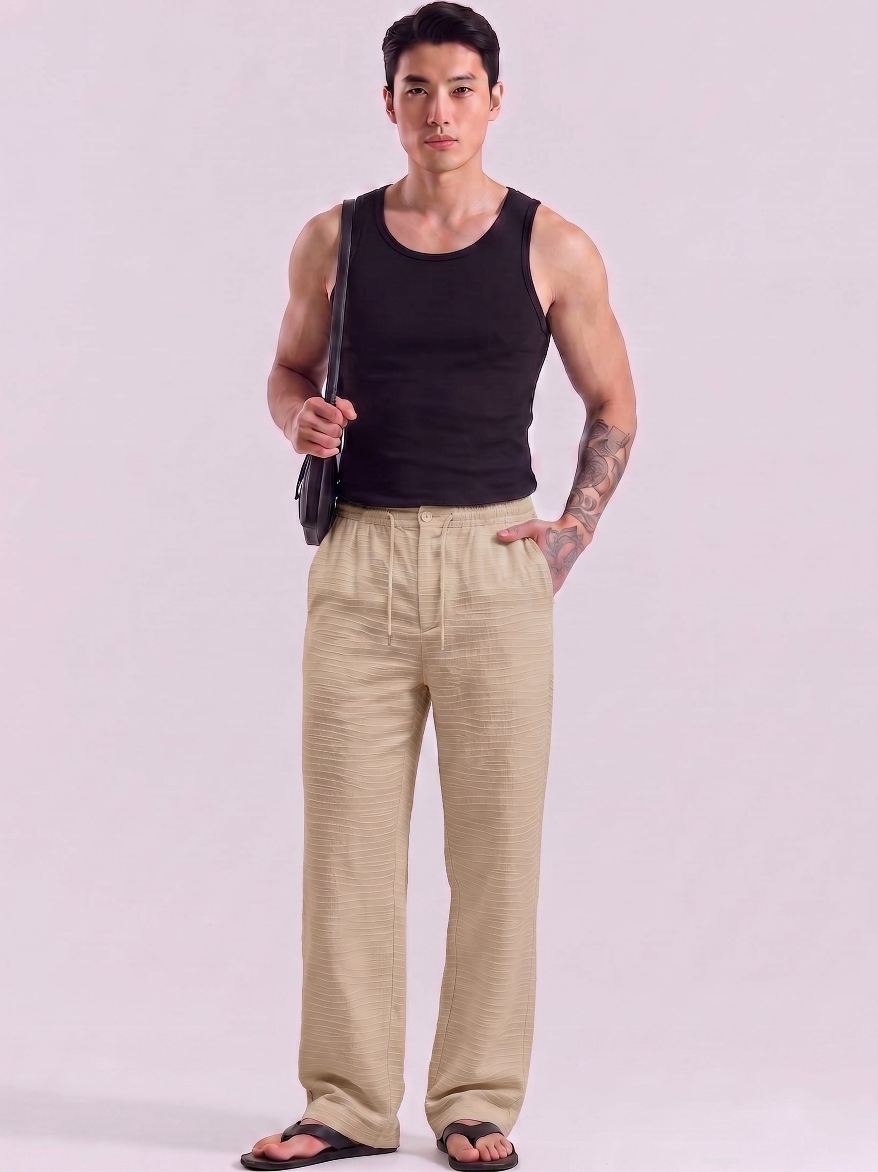 Sand Beige Striped Cotton Linen Pant