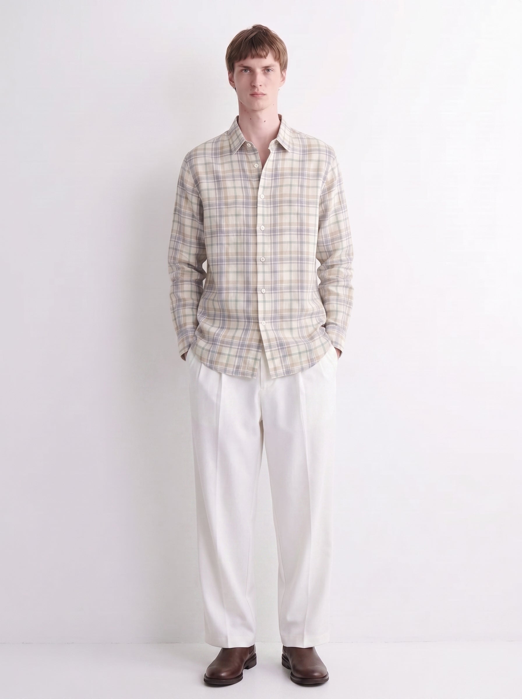 Cream Checked Linen Shirt
