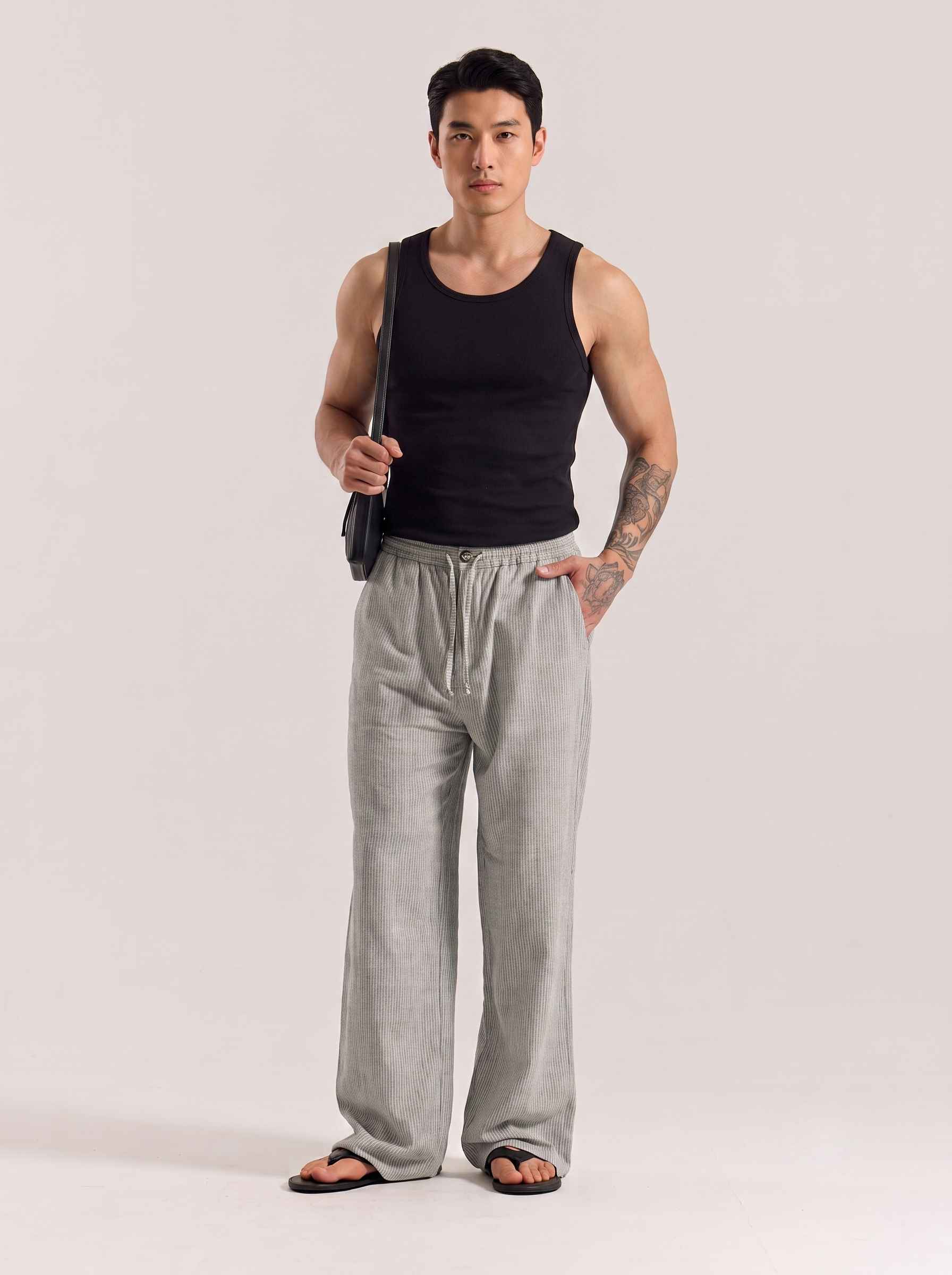 Sage Green Striped Cotton Linen Pant