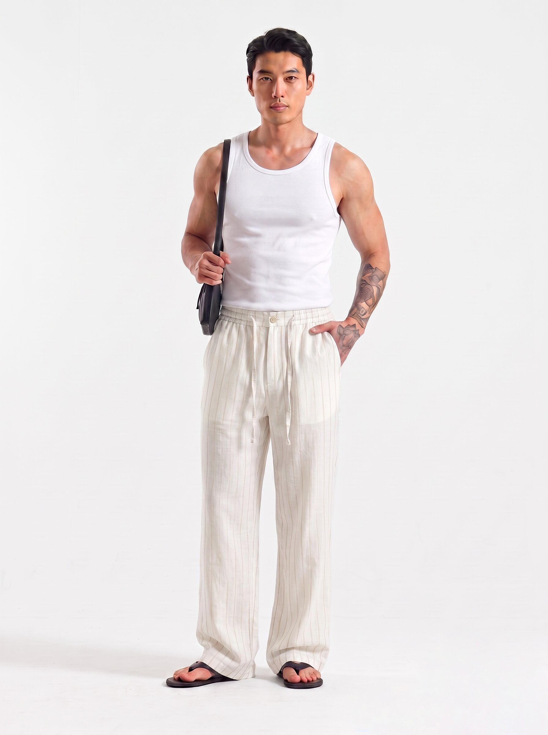 Warm Ivory Striped Cotton linen Pant