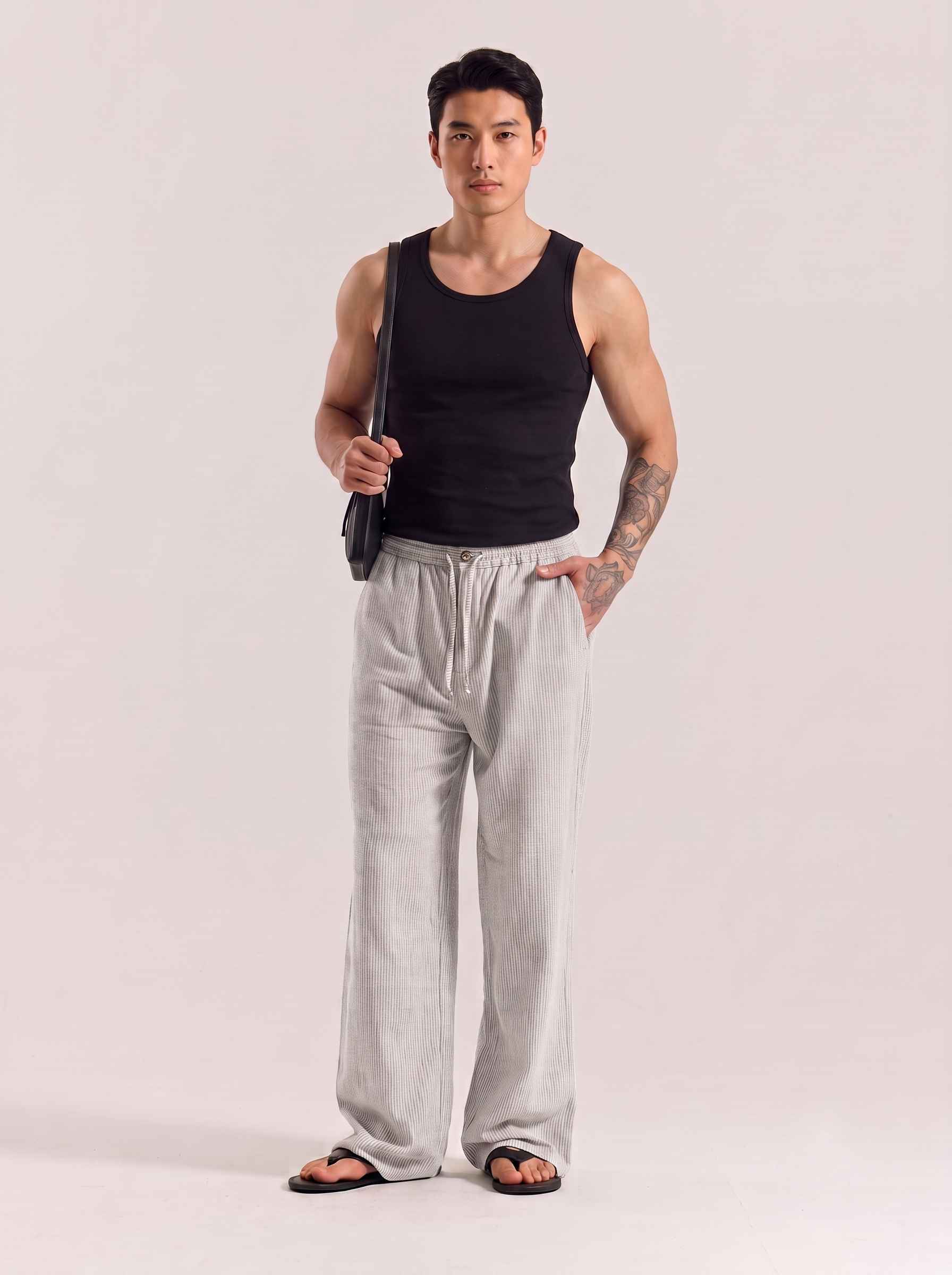 Ash Grey Striped Cotton Linen Pant