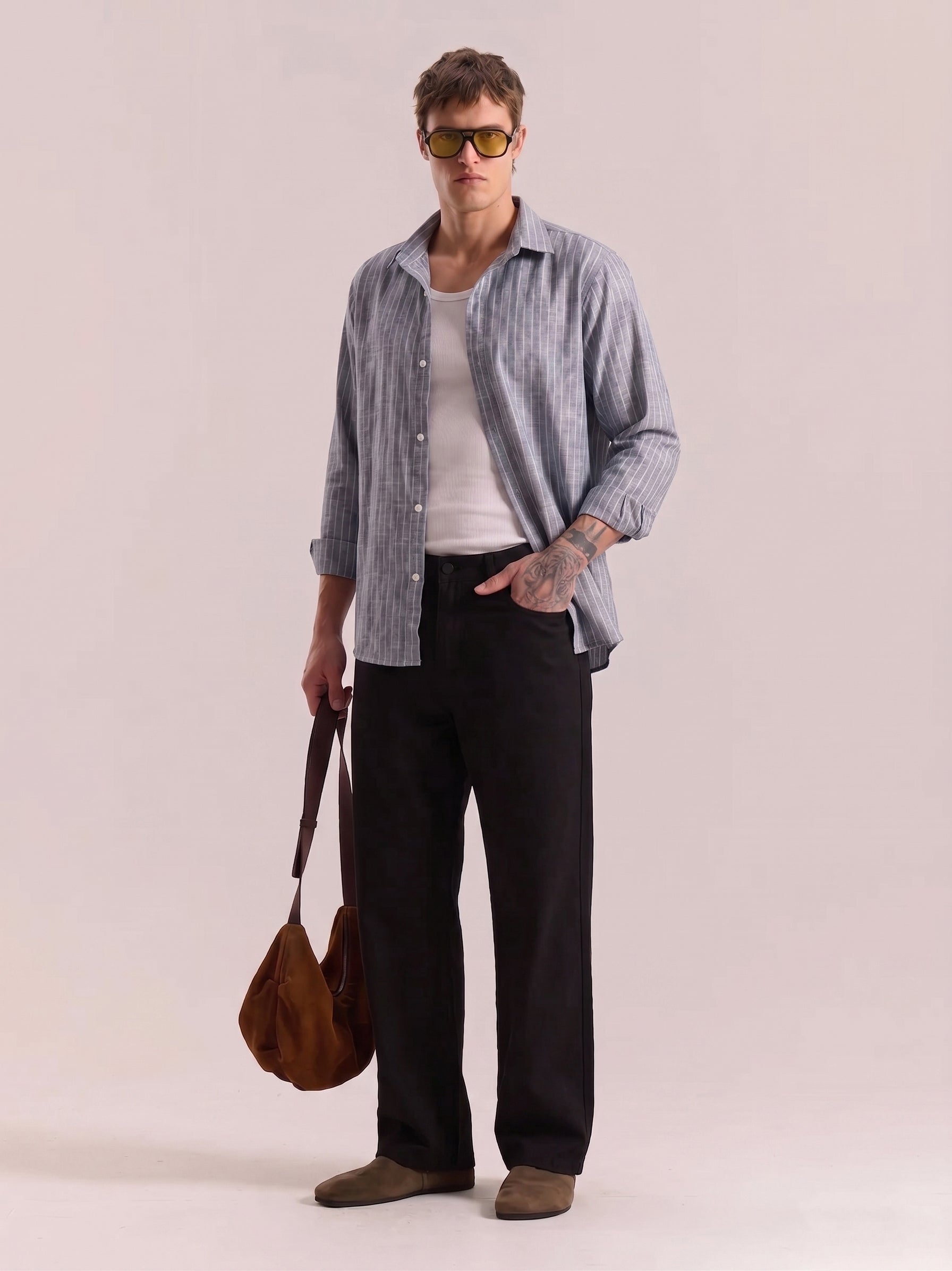 Navy Blue Striped Linen Shirt