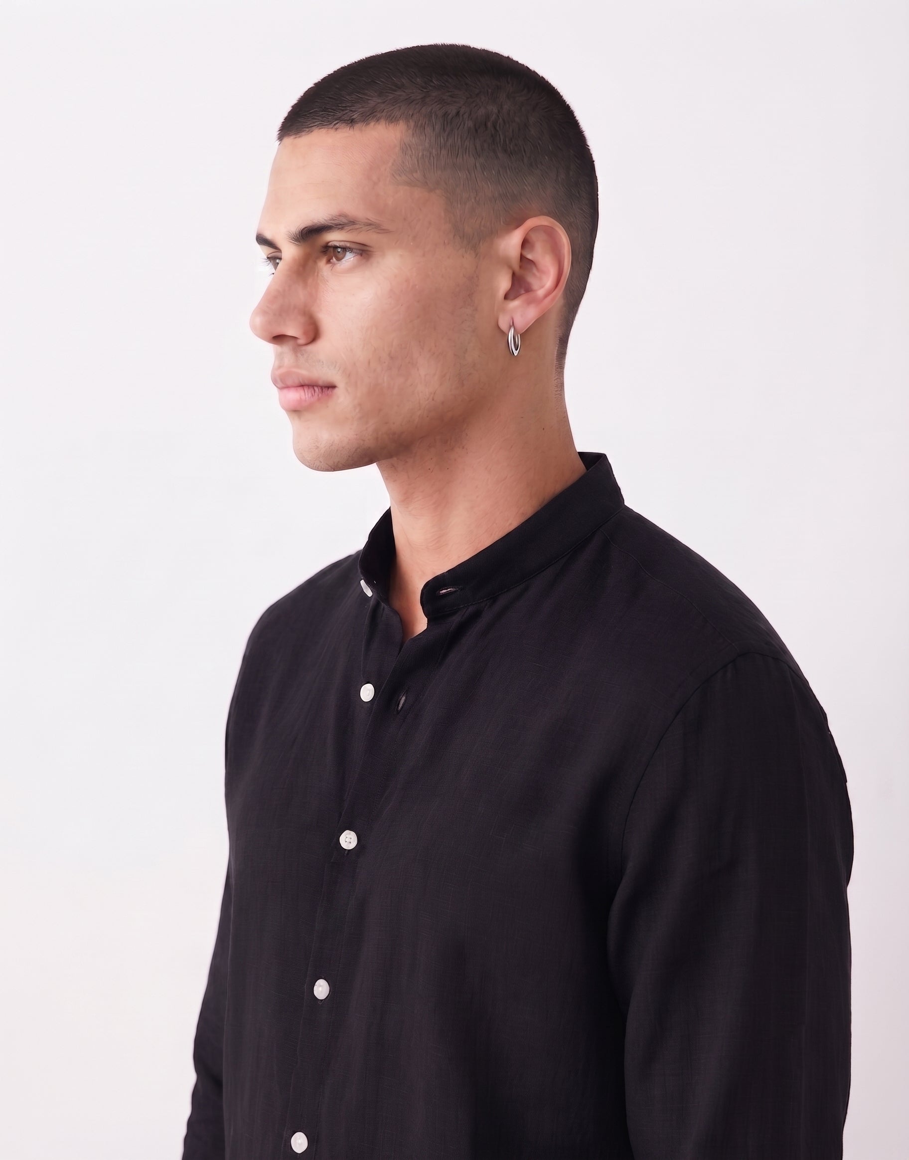 Black Chinese Collar Linen Shirt