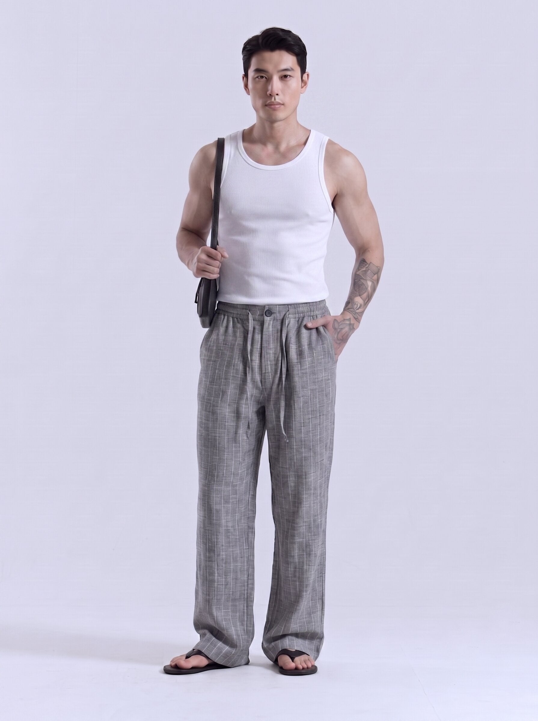 Dark Grey Striped Cotton Linen Pant