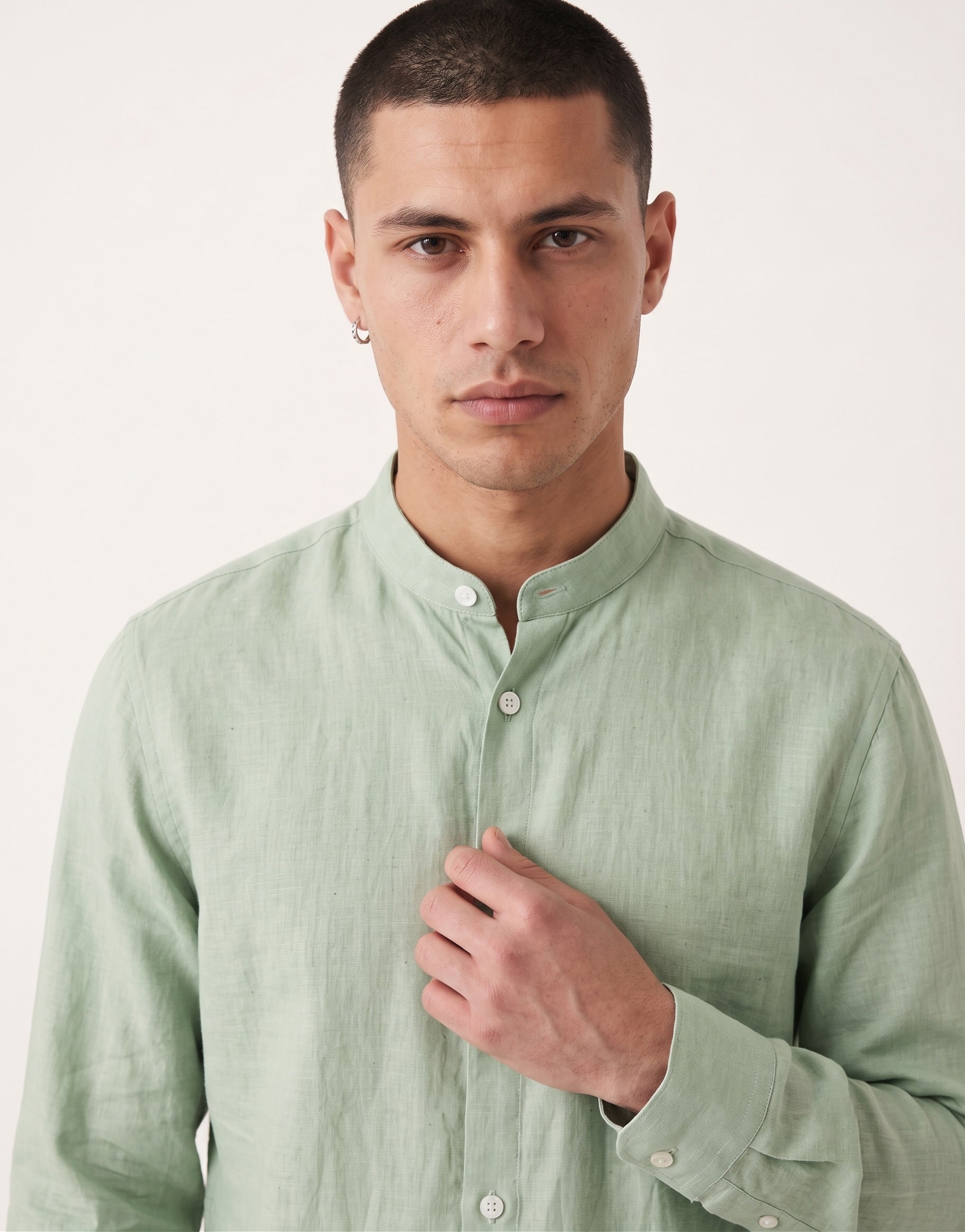Pistachio Chinese Collar Linen Shirt