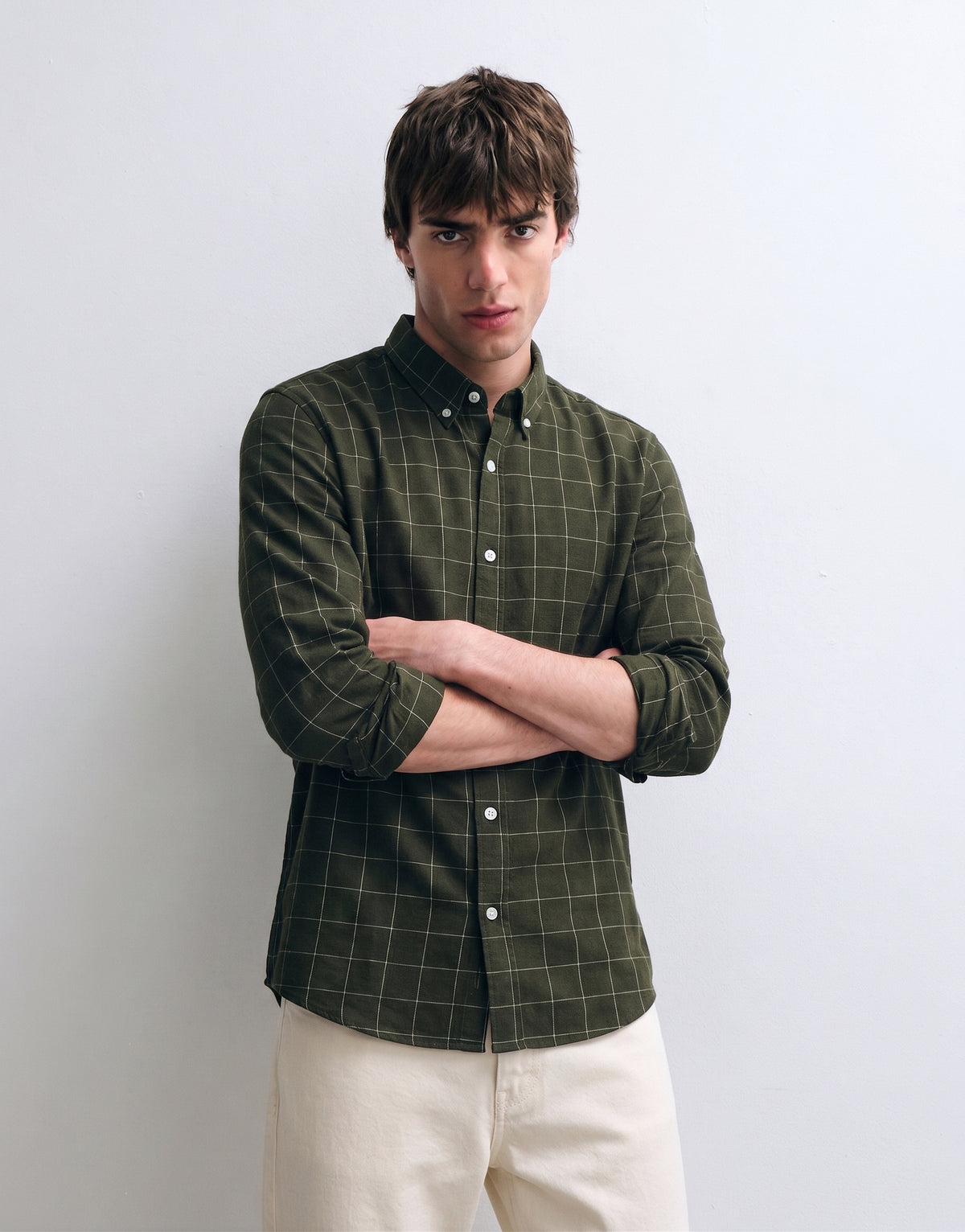 Olive Green Checked Cotton Shirt