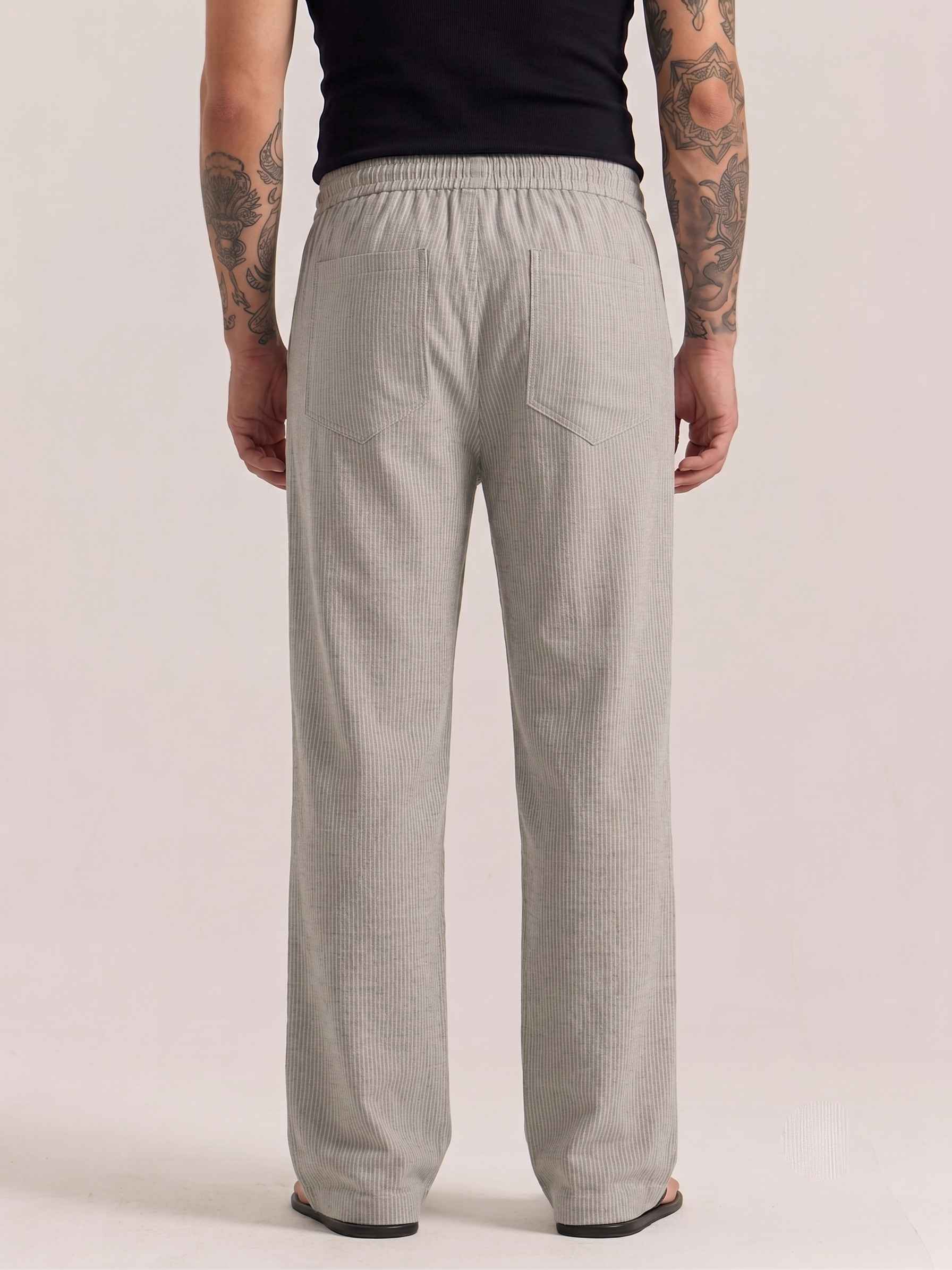Sage Green Striped Cotton Linen Pant