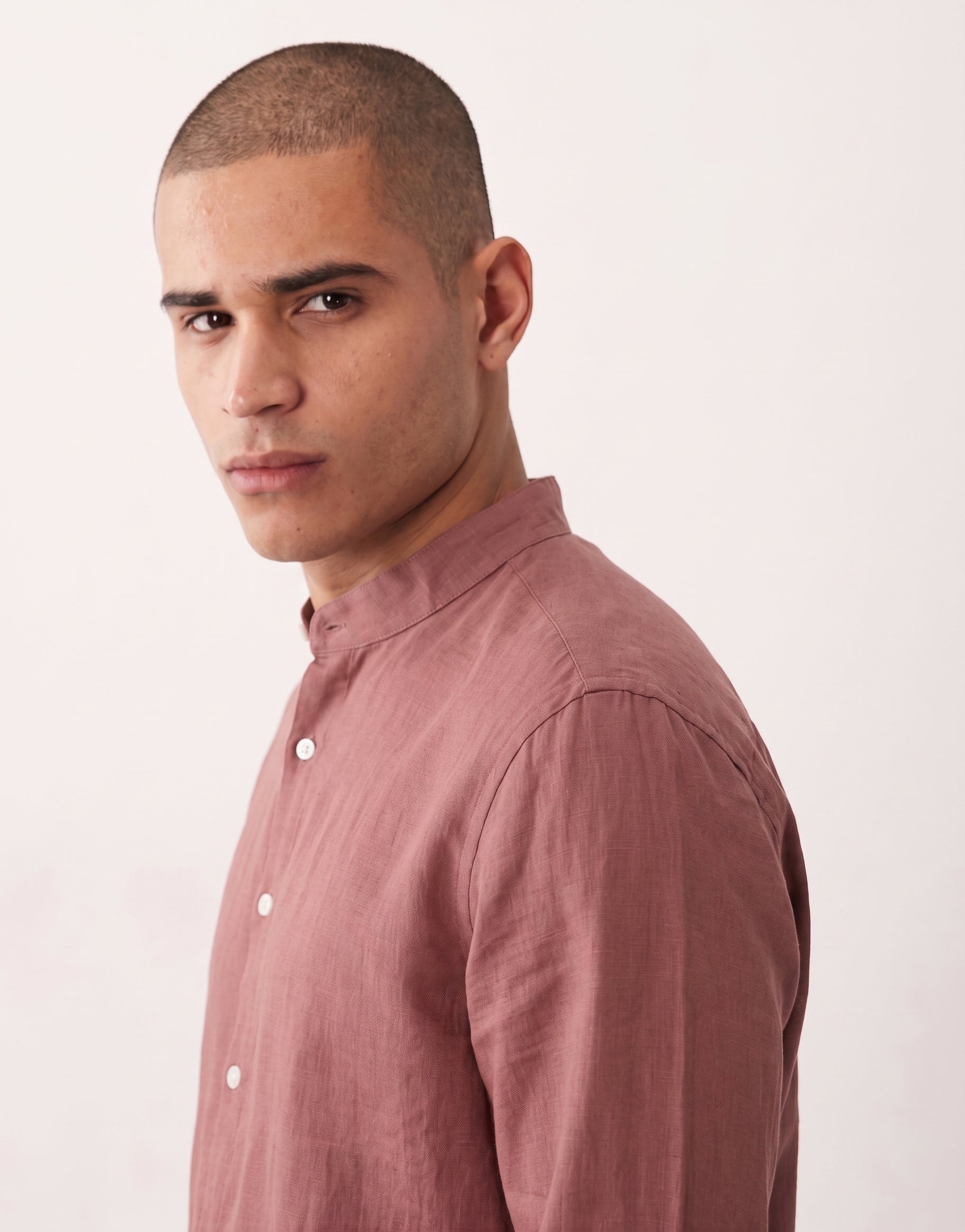 Rust Red Chinese Collar Linen Shirt
