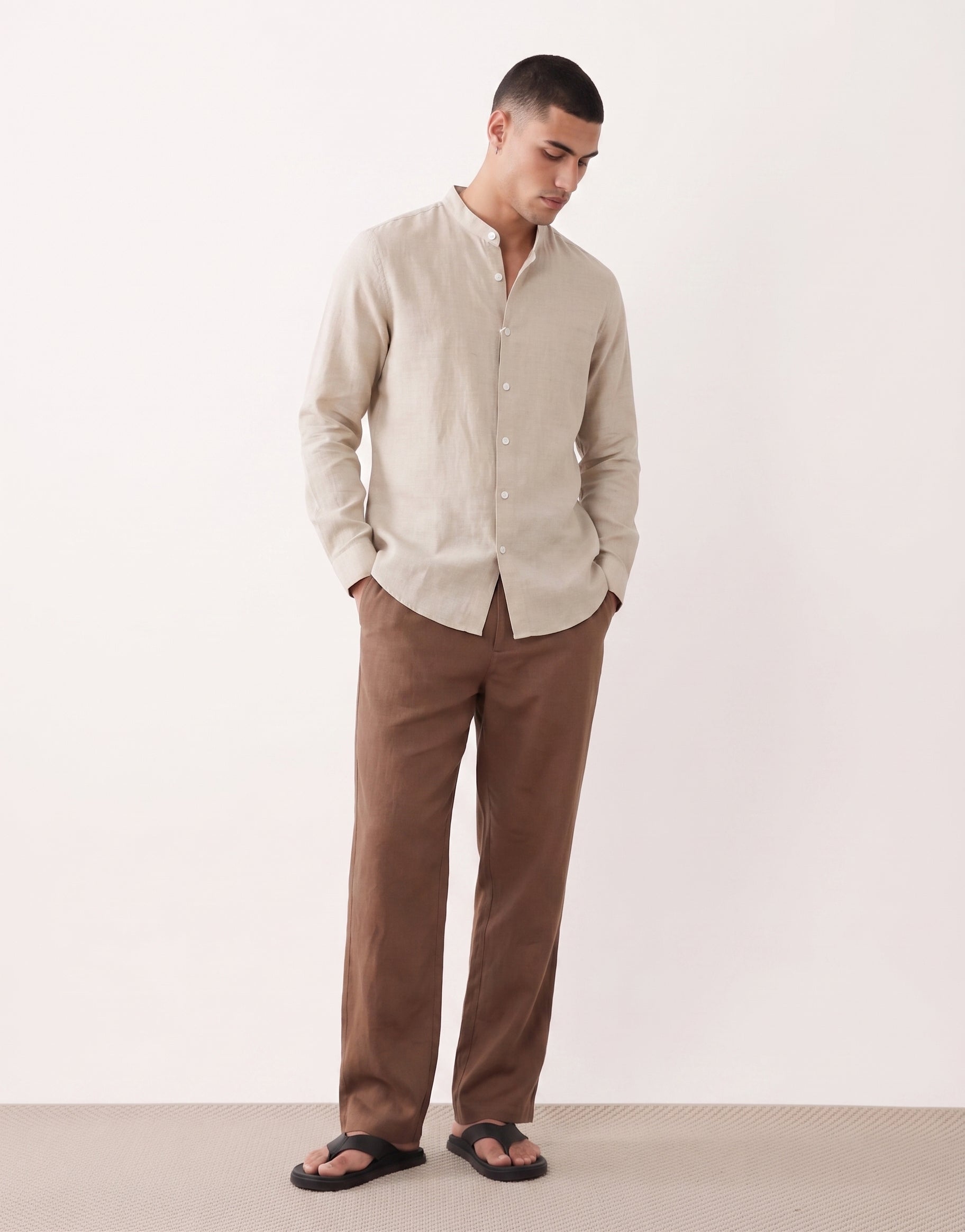 Natural Chinese Collar Linen Shirt