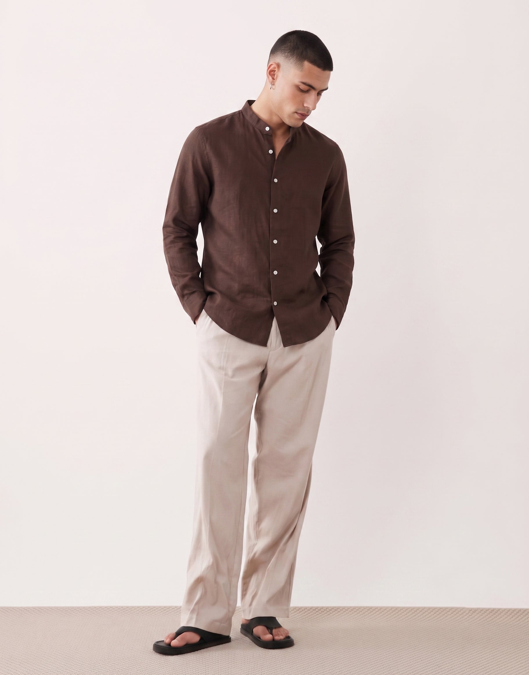 Mocha Chinese Collar Linen Shirt