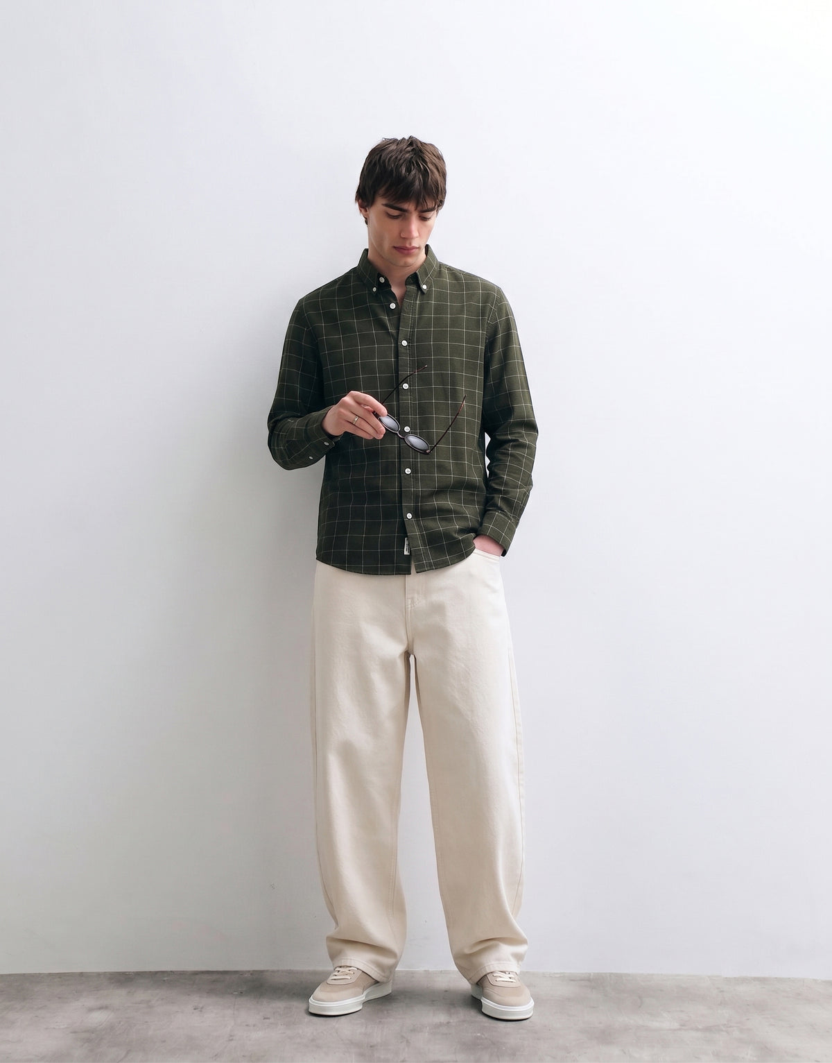 Olive Green Checked Cotton Shirt