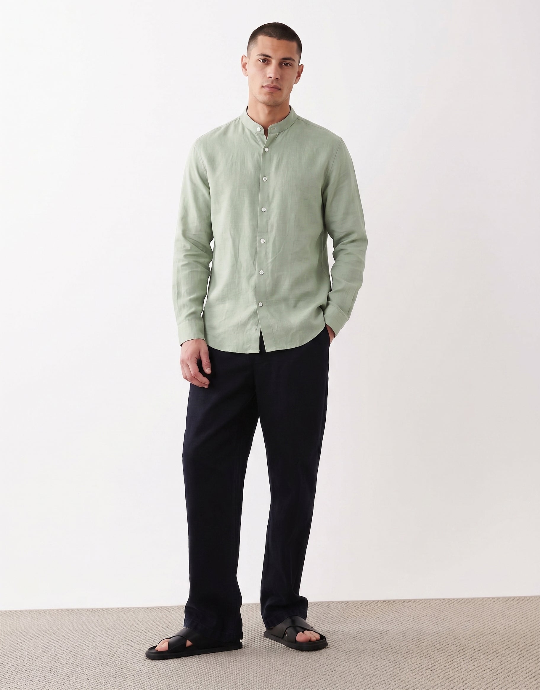 Pistachio Chinese Collar Linen Shirt