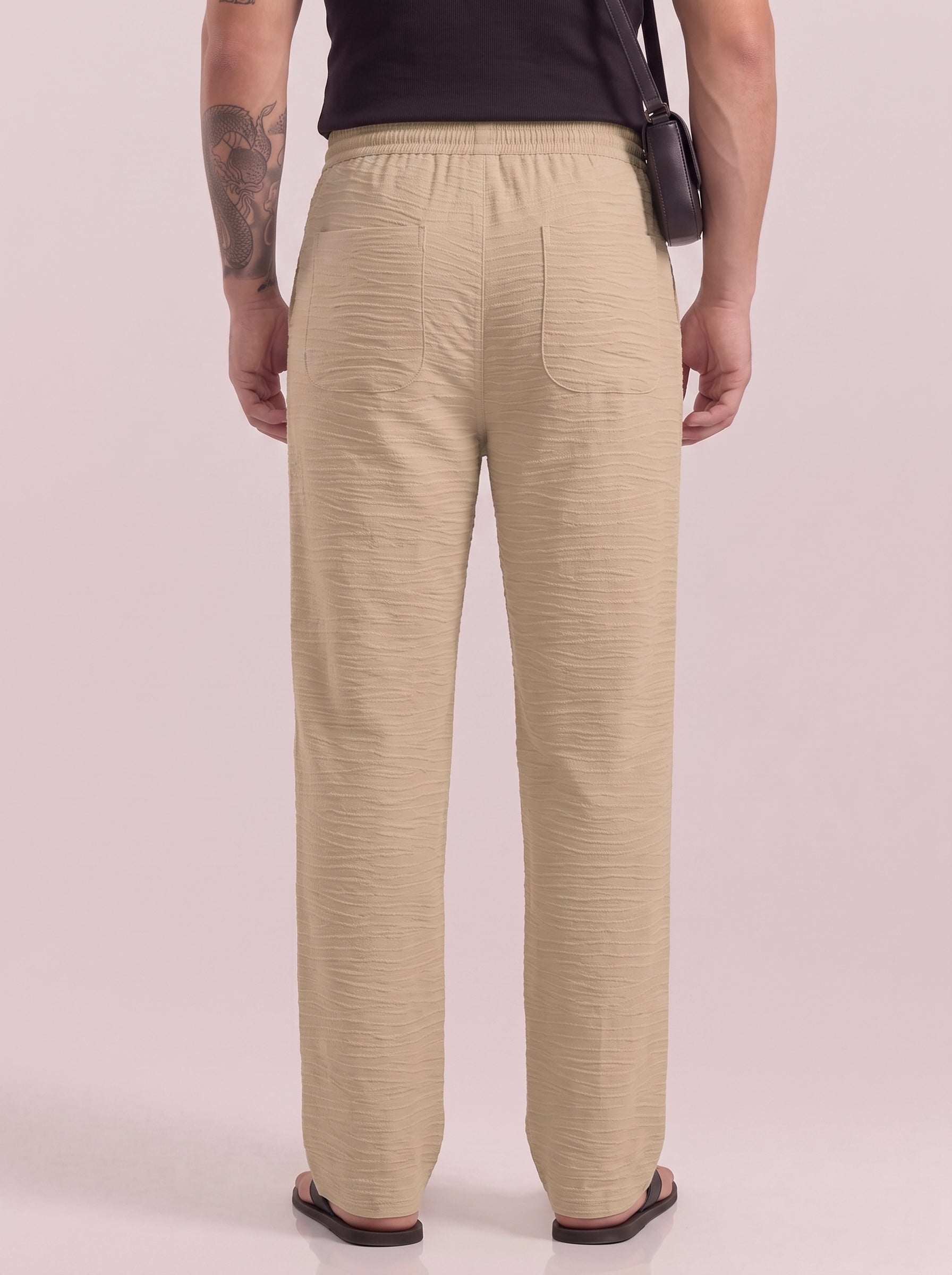 Sand Beige Striped Cotton Linen Pant