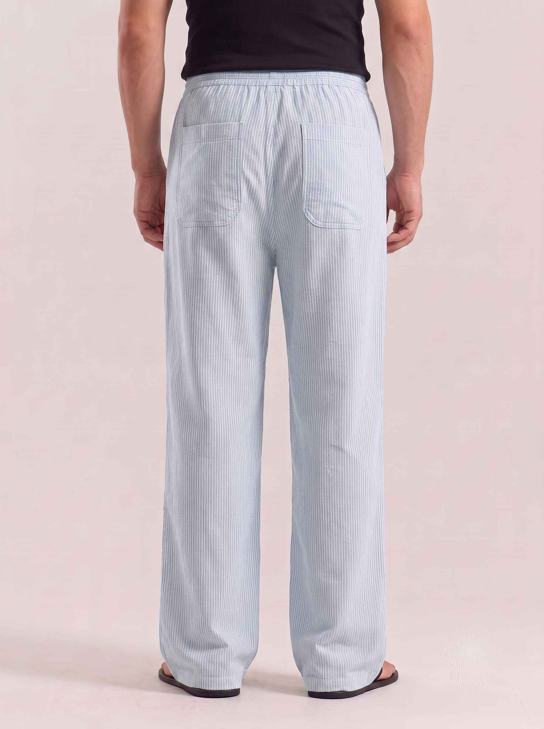 Ice Blue Striped Cotton Linen Pant