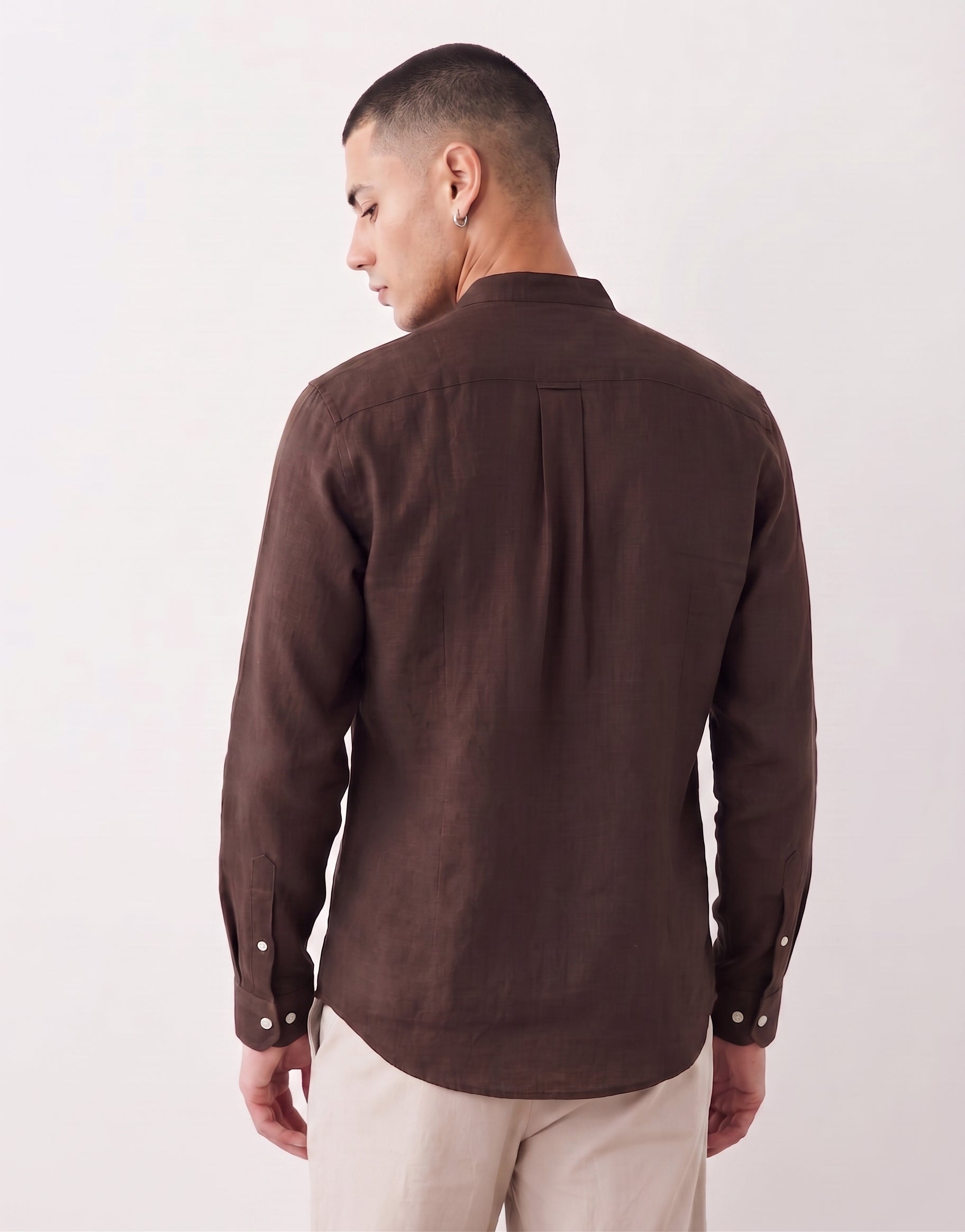 Mocha Chinese Collar Linen Shirt