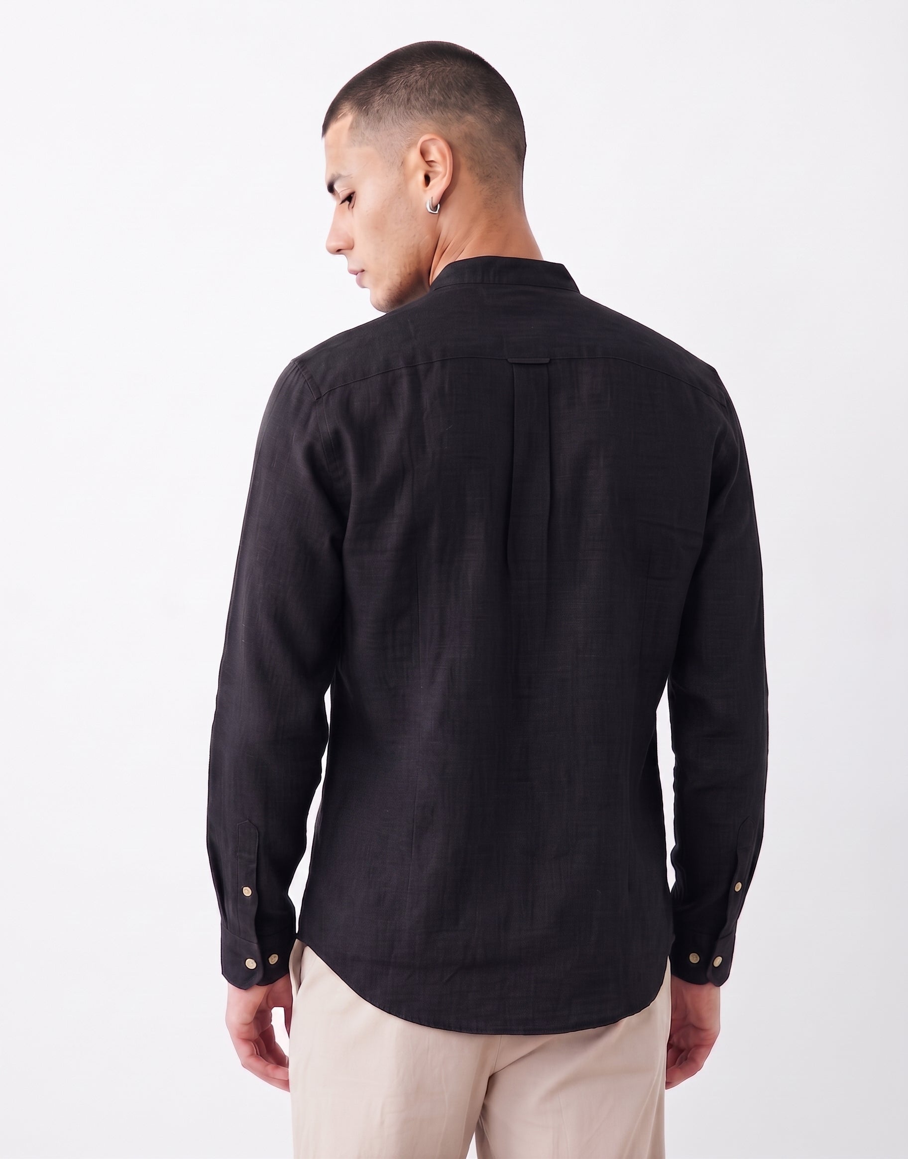 Black Chinese Collar Linen Shirt